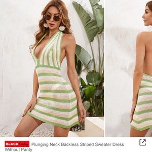 Plunging neck backless striped sweater dress